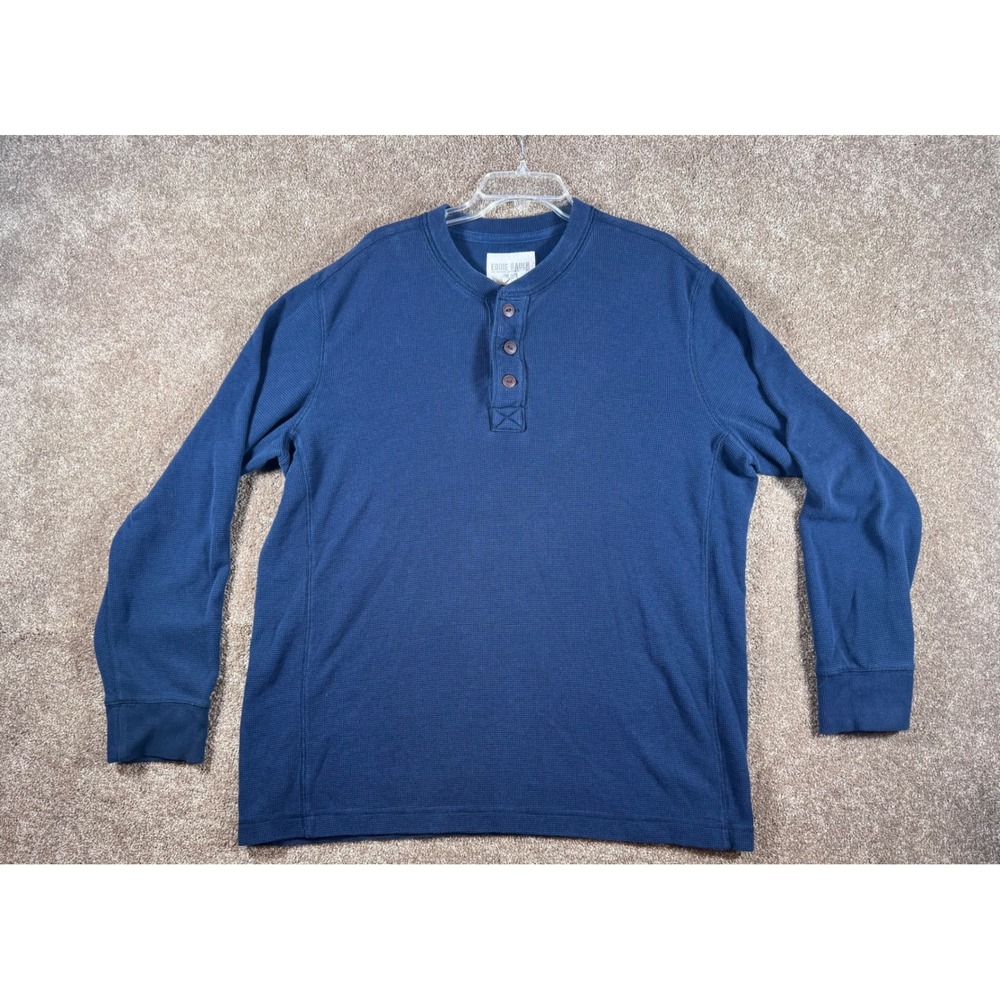 Eddie Bauer Mens Blue Waffle Knit Long‎ Sleeve Henley Shirt TALL XXL - XXLT